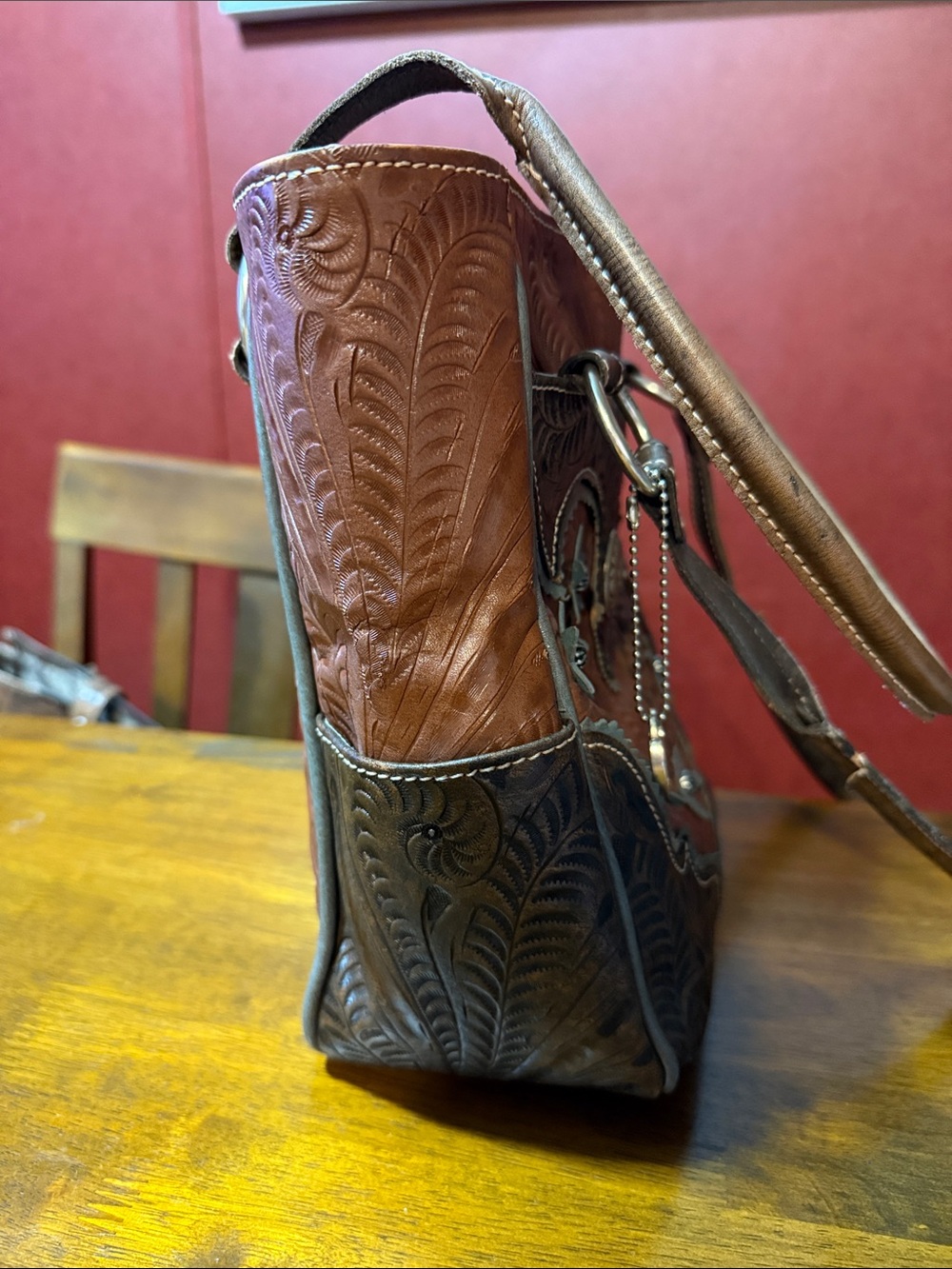 American West Brown Leather Tote with Turquoise Floral Accents - Picture 4 of 5